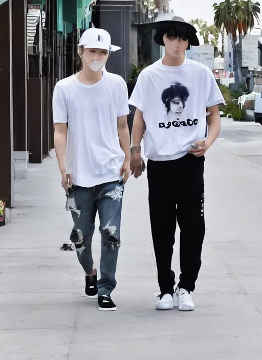 Image similar to photo of PARK JIMIN walking in LA with his boyfriend YOONGI