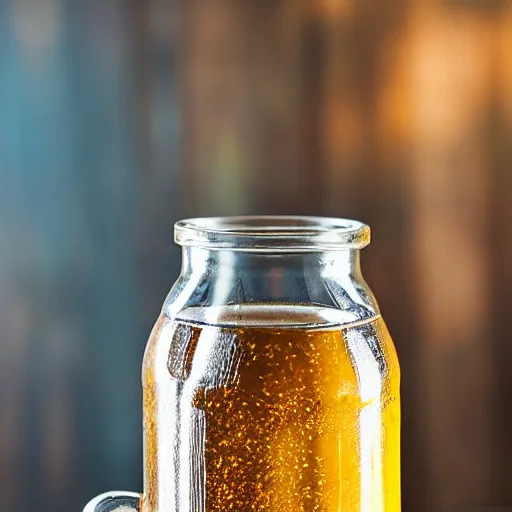 Prompt: a realistic top - down photograph of a cider bottle standing next to a glass mug on a wooden table, shot in professional studio