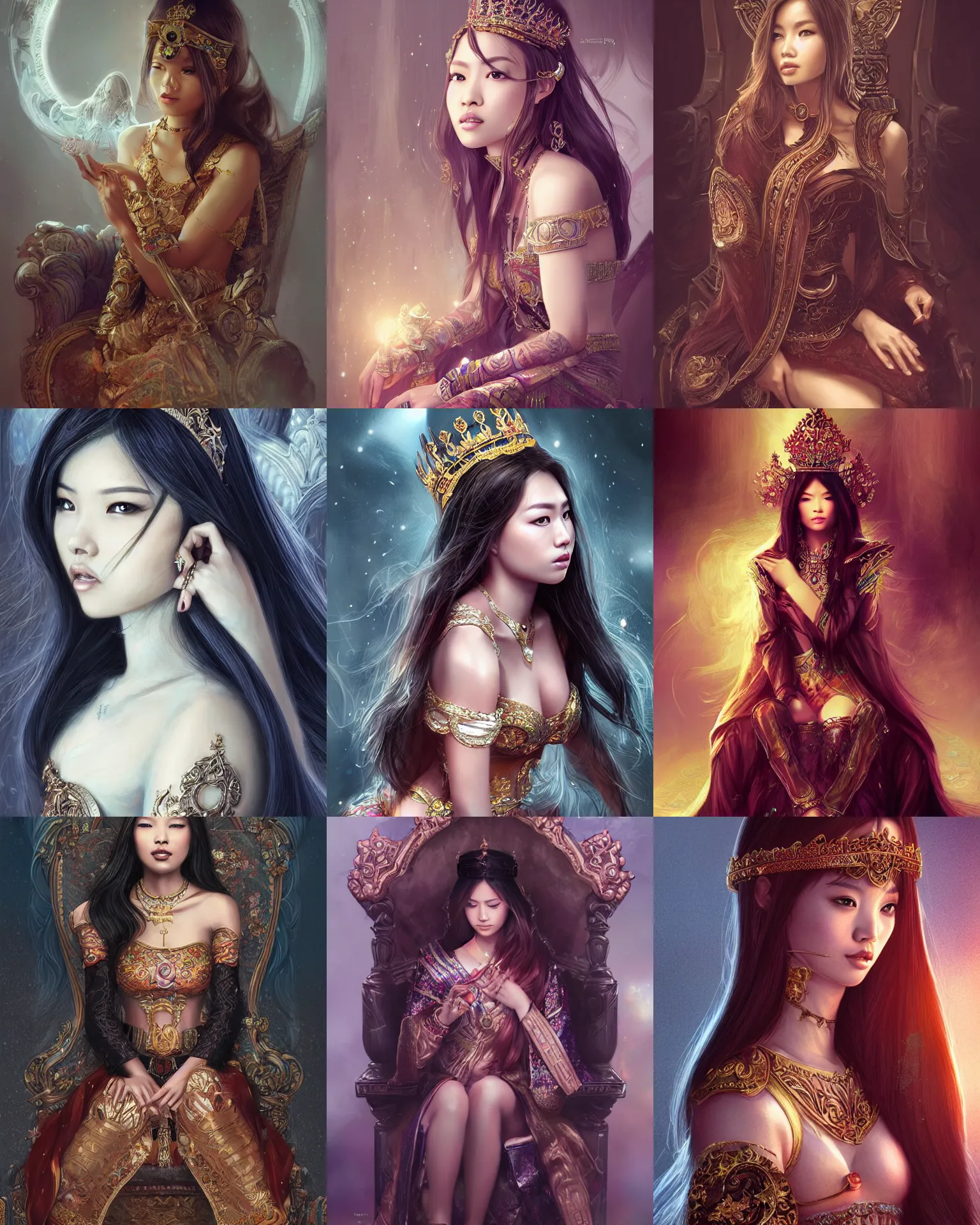 Prompt: beautiful asian queen with shoulder length hair, sitting on her throne, digital art by ross tran, highly detailed, intricate, hyperrealism, portrait, dynamic lighting