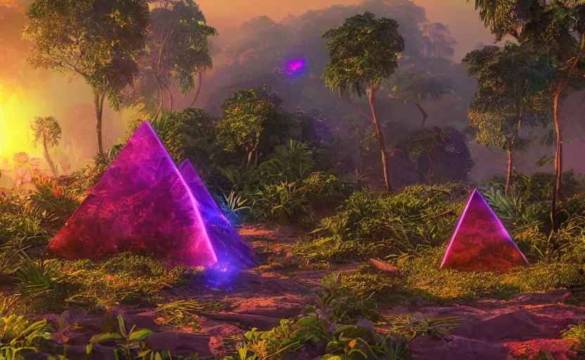 Prompt: a crystal tetrahedron!!! in the middle of ancient ruins in a lush prehistoric jungle, inside a humongous cave, red and magenta flowers, sunset, godrays, orange and blue sky, haze, volumetric lighting, a high - quality render, photorealistic, unreal engine 5