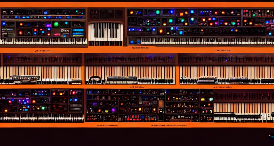 Image similar to a shelf of amazing synthesizers, cinematic lighting, detailed, beautiful colors, by greg rutowski and studio ghibli