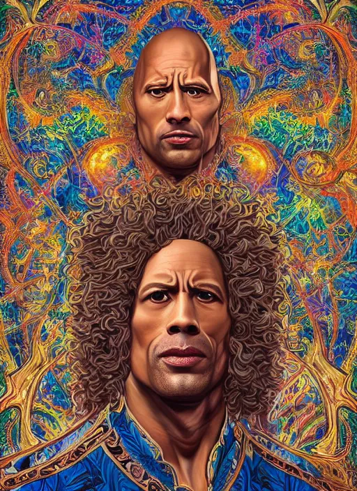 Image similar to beautiful oil painting, full length portrait of Dwayne the rock Johnson as Louis xiv in coronation robes 1701, Dan Mumford, Dan Mumford, Alex grey, Alex grey, lsd visuals, dmt fractal patterns, entheogen, psychedelic art, hallucinogen, highly detailed, ornate, vaporwave