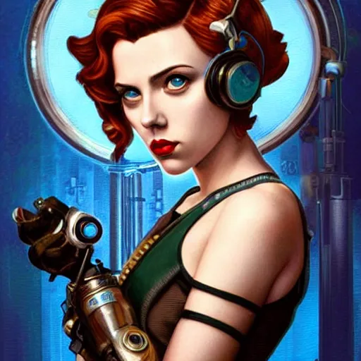 Prompt: Lofi Steampunk Bioshock portrait of Scarlett Johansson, Pixar style, by Tristan Eaton Stanley Artgerm and Tom Bagshaw.