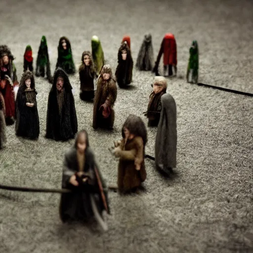 Prompt: needle felt action shot of the council of the ring, lotr, dramatic lighting, creepy, dslr, tilt shift, extremely textured, realistic hyper detailed