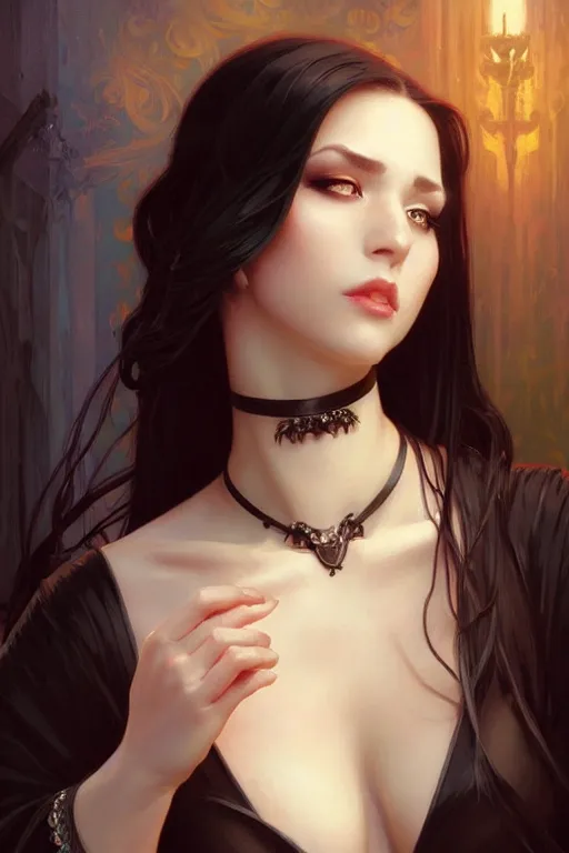 Image similar to Portrait of seductive female necromancer, D&D, revealing stylish dress, choker on neck, long black hair, mouth slightly open, slight nerdy smile, fantasy, intricate, elegant, highly detailed, digital painting, artstation, concept art, smooth, sharp focus, illustration, art by artgerm and greg rutkowski and alphonse mucha