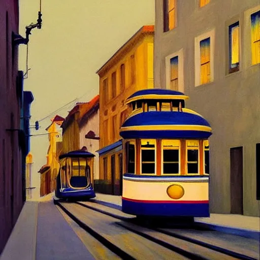 Image similar to street art. paralyzed by the indescribable beauty of the cosmos. amazing view of the tram from lisbon. art style by edward hopper daring, incredible