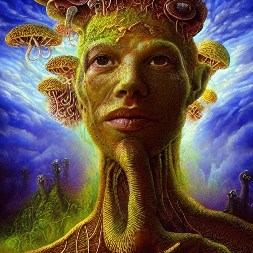 Prompt: full face close up portrait, the fungus god has come to deliver us to the valley of shrooms, deliver me cosmic sight, by patrick woodroffe, by josip csoor, by laurie lipton, mushroom forest background cinematic lighting, volumetric lighting, neosurrealism, realistic shadows, particle effects, rendered in octane, psychedelic, electric, cosmic, fantasy