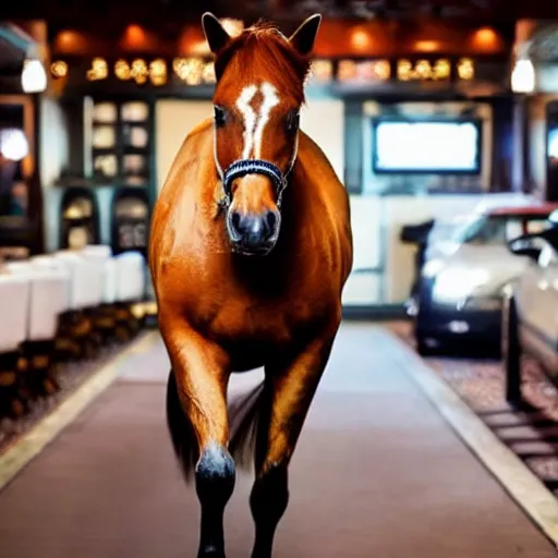 Prompt: horse walking into a bar