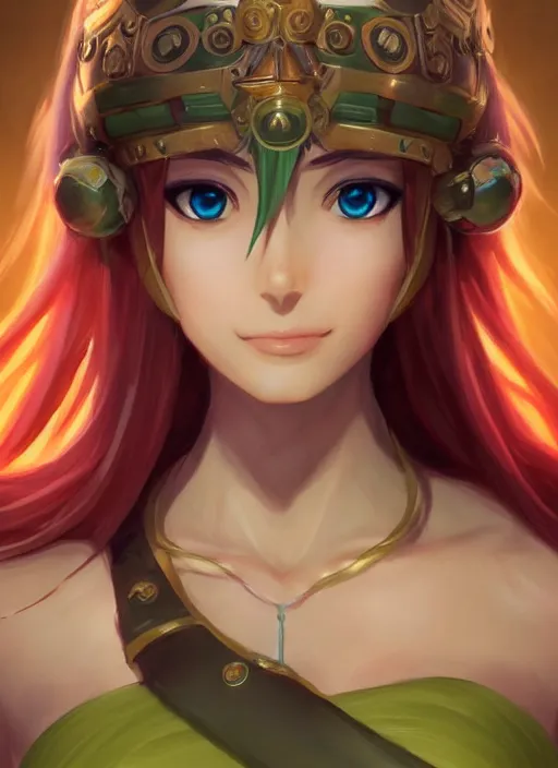 Image similar to portrait, head and torso only, palutena, trending on artstation, concept art, movie poster, fine detail, extremely detailed, sharp focus, smooth, digital illustration, by rossdraws, frank franzzeta, sakimichan, corrected hand, perfect hands