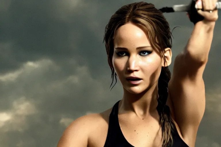 Prompt: Jennifer Lawrence as Lara Croft, sunglasses, film still, dramatic lighting,