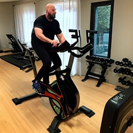 Prompt: chonky bald, grey trimmed bearded ethan van sciver working out vigorously on his peloton exercise bike