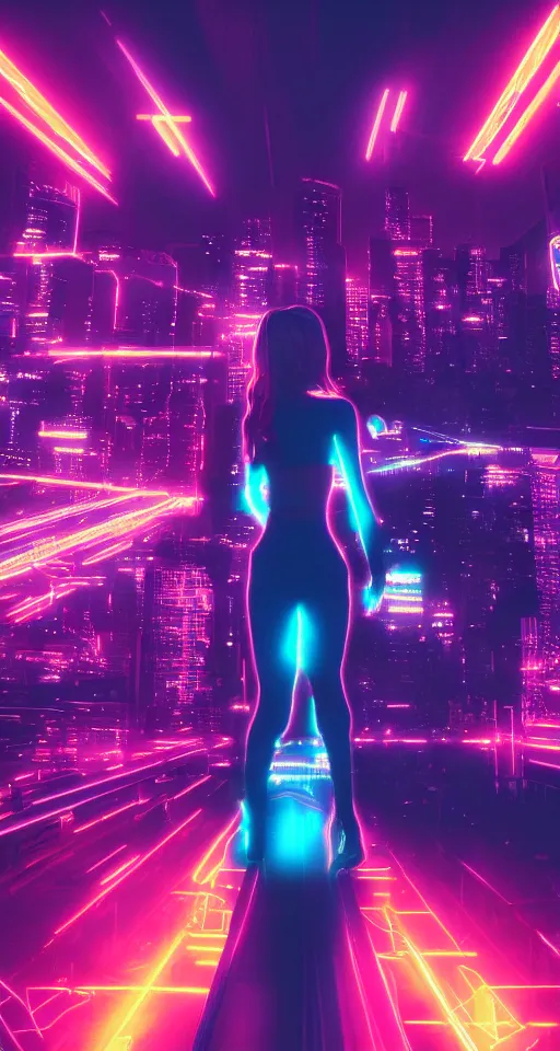 Image similar to cyberwomen, neon lights, city, glow, sunset, cinematic, retrowave style,