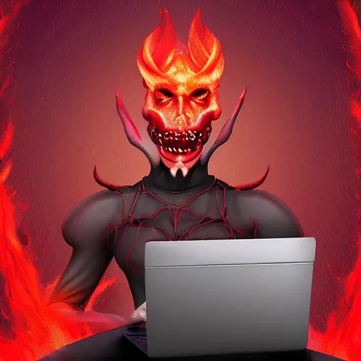 Image similar to a demon using a laptop ~ evil smile ~ lava background ~ digital art ~