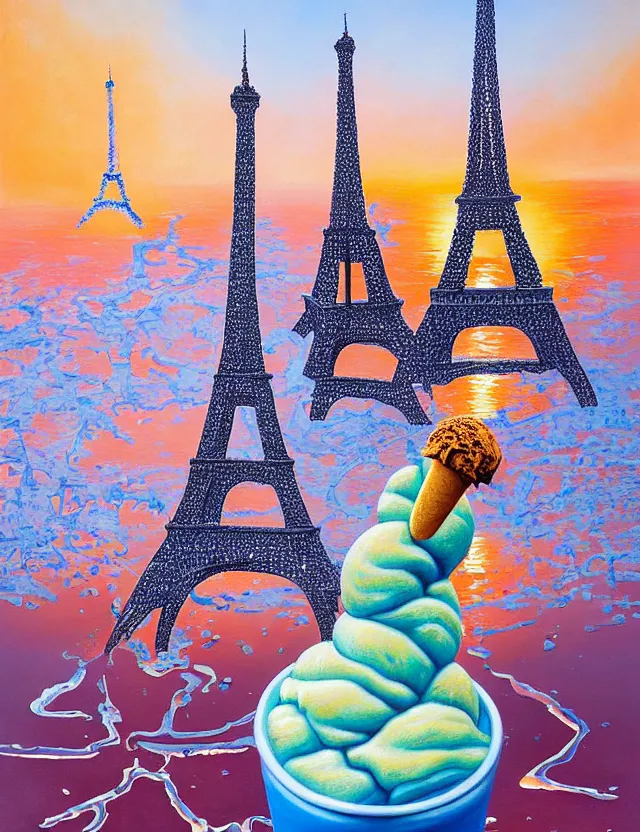 Image similar to a highly detailed and realistic painting of a dancing ice sculture eiffel tower in paris with melting ice cream of the paris skyline on a very sunny bright summer sunset day, very hot and the ice is melting fast and people are swimming in the icecream in the style of james jean and botero