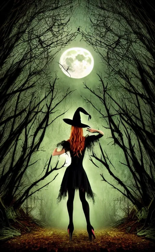 Prompt: witch standing pose in an enchanted forest wearing high heels under a full moon, fantasy gothic art style