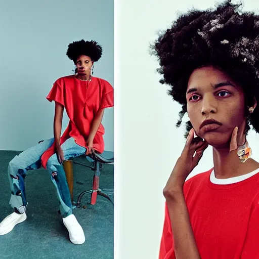 Image similar to realistic photoshooting for a new 0 3 2 c!!! lookbook, color film photography, photo of a woman, photo in style of tyler mitchell, 3 5 mm, featured on vogue