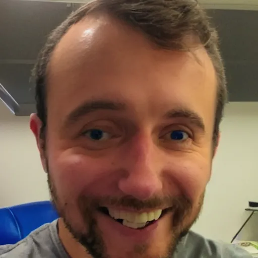 Image similar to a programmer finally fixed a bug in his code after trying for a long time, looking relieved and happy