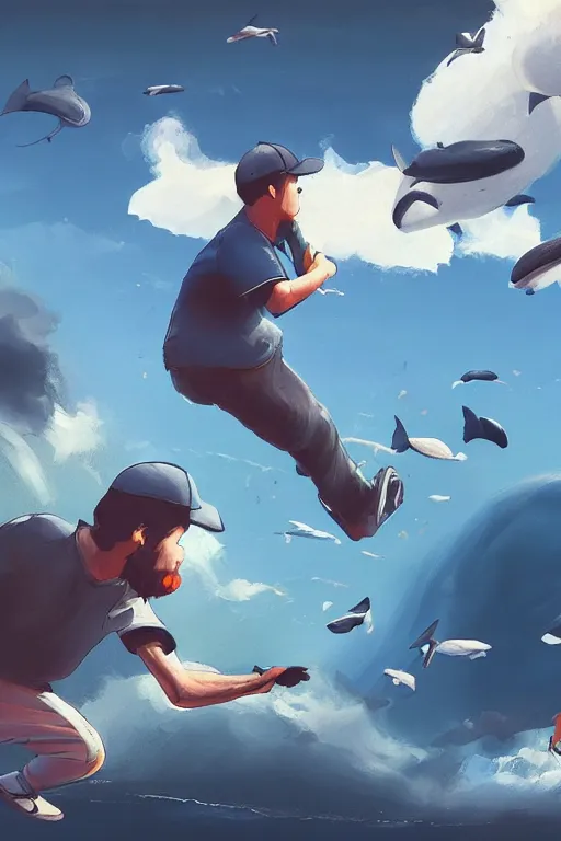 Image similar to people playing baseball while whales fly in the sky, digital art, artstation trending, digital painting