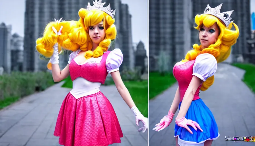 Image similar to amazing cosplay of princess peach from mario, symmetrical, cinematic, real photography, 4 k, ultra hd