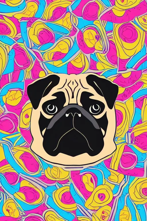 Image similar to Portrait of a pug as big as the world, sticker, colorful, illustration, highly detailed, simple, smooth and clean vector curves, no jagged lines, vector art, smooth