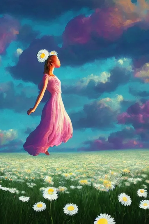 Image similar to veil of giant white daisy flower as head, girl dancing in a flower field, surreal photography, sunrise, dramatic light, impressionist painting, colorful clouds, digital painting, artstation, simon stalenhag