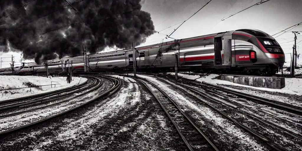 Prompt: a german ice train driving through a hellscape, speed, cinematic, apocalyptic, film still