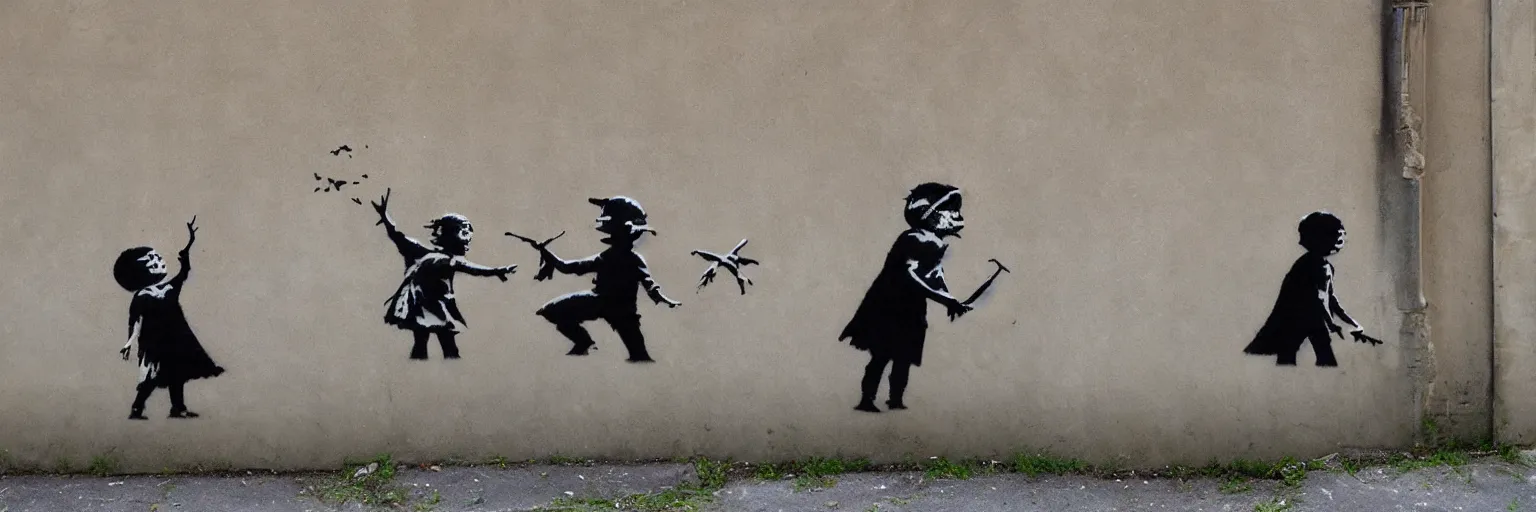 Prompt: a completely original wall mural by banksy