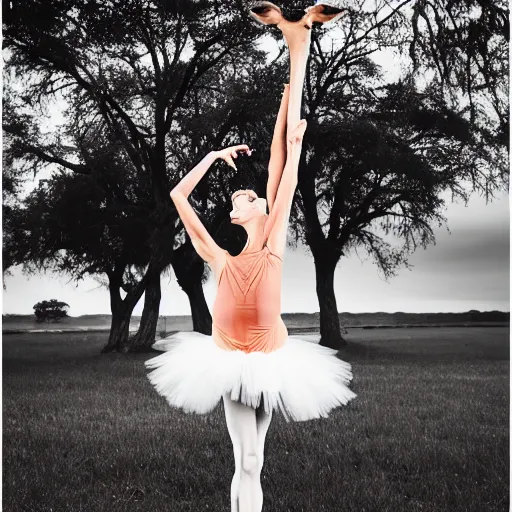 Prompt: professional photography of a giraffe ballet dancer in a tutu on the savannah