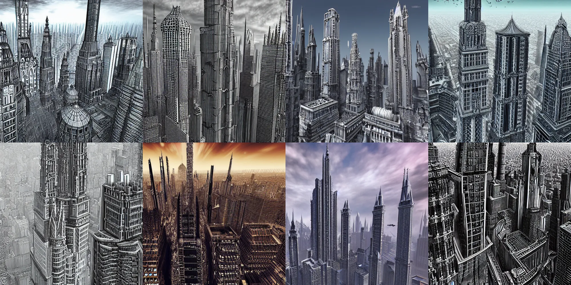 Prompt: gothic skyscrapper, hyper detailed, 4 k, detailed, cityscape, skyline, architecture