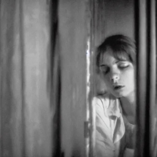 Prompt: film still of a young female dark features, decaying with the thought of her life ahead of her, despondent, waiting in search of some other place, moonlit night, cinematography by sven nykvist