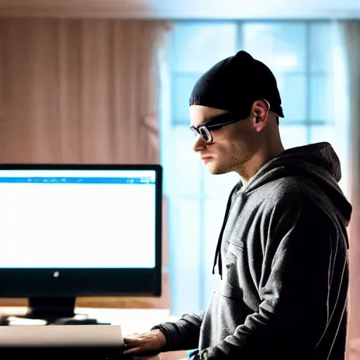 Image similar to dramatic still from Mr. Robot, A programmer expertly wrangling code late at night, intensely focused, coffee on his desk, highly detailed, sharp focus, cinematic lighting, hoodie