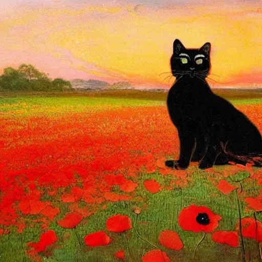 Image similar to a masterpiece painting by alfred mucha : a small black cat taking the sun in a poppy field with a red sunset in the background