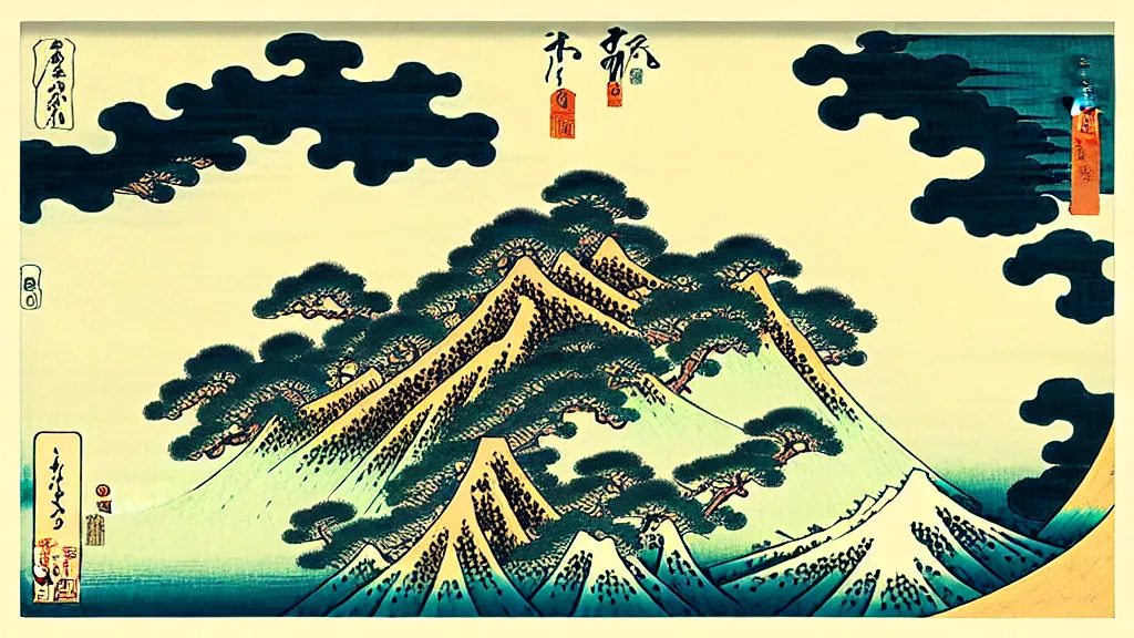Image similar to landscape, by katsushika hokusai, calligraphy, pastel art, happy, feng shui, ray tracing reflections