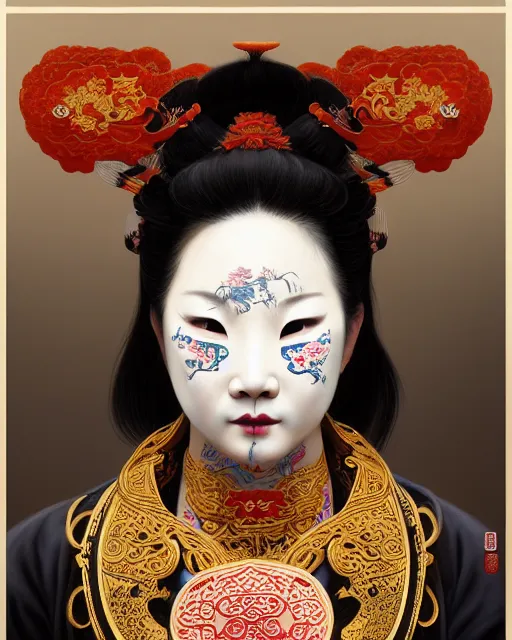 Image similar to portrait of corey taylor, upper half portrait, decorated with chinese opera motifs, asian, bian lian, traditional chinese art, intricate, elegant, highly detailed, symmetry, digital painting, artstation, concept art, smooth, sharp focus, illustration, art by artgerm and greg rutkowski and alphonse mucha, 8 k