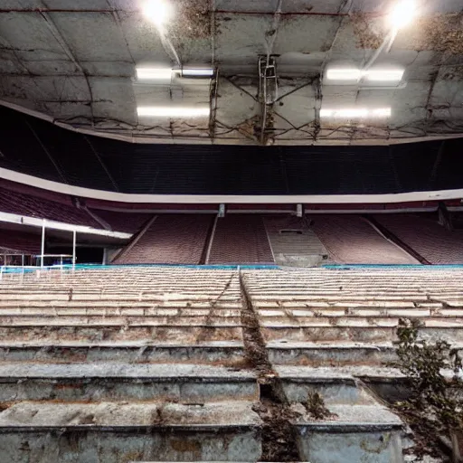 Prompt: Abandoned sports arena with the lights still on, rusty seats