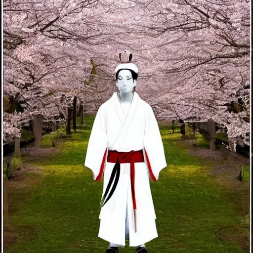 Prompt: a beautiful White cloaked Samurai Warrior with Sword Drawn in a garden of Cherry Blossom Trees :: Mystical, Magical, Supernatural :: by Mitsuru Adachi