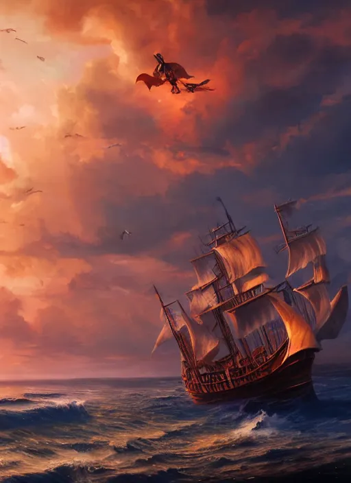 Prompt: a pirate ship soaring through the air majestically at magic hour, volumetric lighting, beautiful sunset painted by raymond swanland