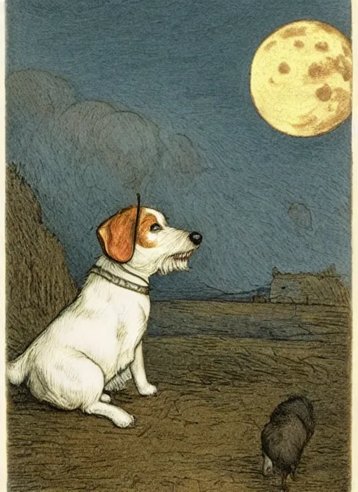 Image similar to candid portrait of jack russel dog looking up barking at the moon, from behind, night sky, highly detailed, illustrated by peggy fortnum and beatrix potter and sir john tenniel