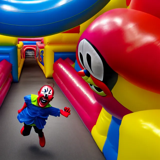 Image similar to , chased by a scary clown in an endless corridor made of bouncy castle, highly detailed, 8 k, hdr, smooth, sharp focus, high resolution, award - winning photo