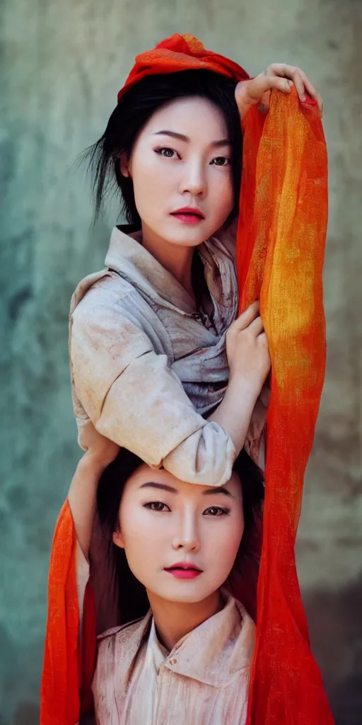 Image similar to photo portrait of chinese actress in real life by Steve McCurry, colorful, sharpen, 4k, 85mm, award winning, realistic, professional light