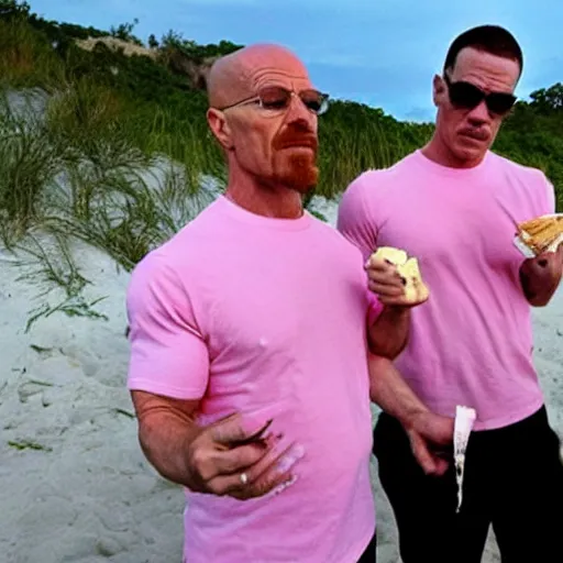 Prompt: walter white and john cena eating ice cream on the beach wearing pink shirts