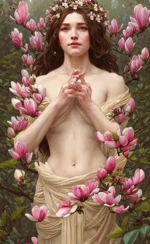 Prompt: portrait of a goddess of magnolia! covered in flowers!, half body, perfect face!!, d & d, fantasy, intricate, elegant, highly detailed, digital painting, artstation, concept art, smooth, sharp focus, illustration, art by artgerm and greg rutkowski and alphonse mucha