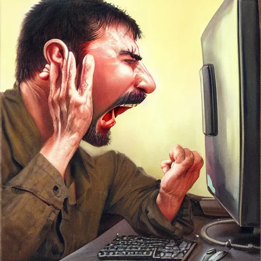 Image similar to an angry man yells at his computer monitor, oil on canvas, highly detailed, high resolution