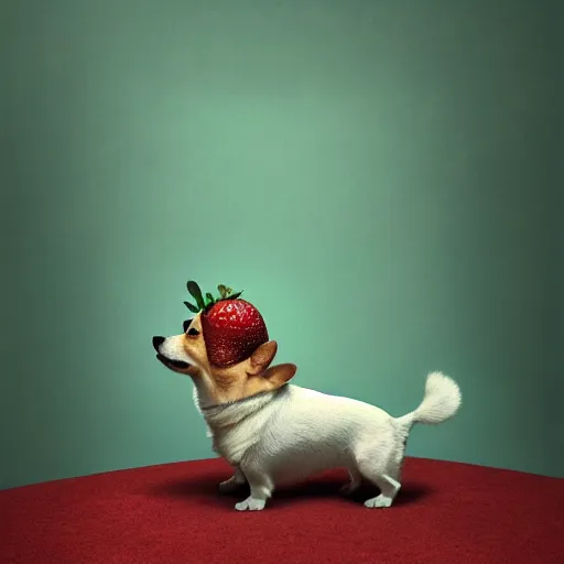 Prompt: corgi as a strawberry : by michal karcz, daniel merriam, victo ngai and guillermo del toro : ornate, dynamic, particulate, intricate, elegant, highly detailed, centered, artstation, smooth, sharp focus, octane render