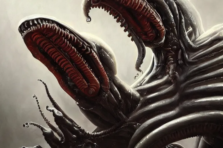 Prompt: ultra realist soft painting of a single xenomorph so scary one glance is enough to drive a man insane, tentacles, eyes, very intricate details, ultra dense fog, golden ratio, volumetric black and white lighting, reflections, refractions, symmetry accurate anatomy features, unreal render