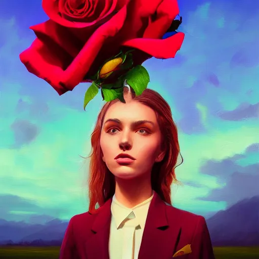 Prompt: closeup, big rose flower head, portrait, girl in a suit, surreal photography, sunrise, blue sky, dramatic light, impressionist painting, digital painting, artstation, simon stalenhag