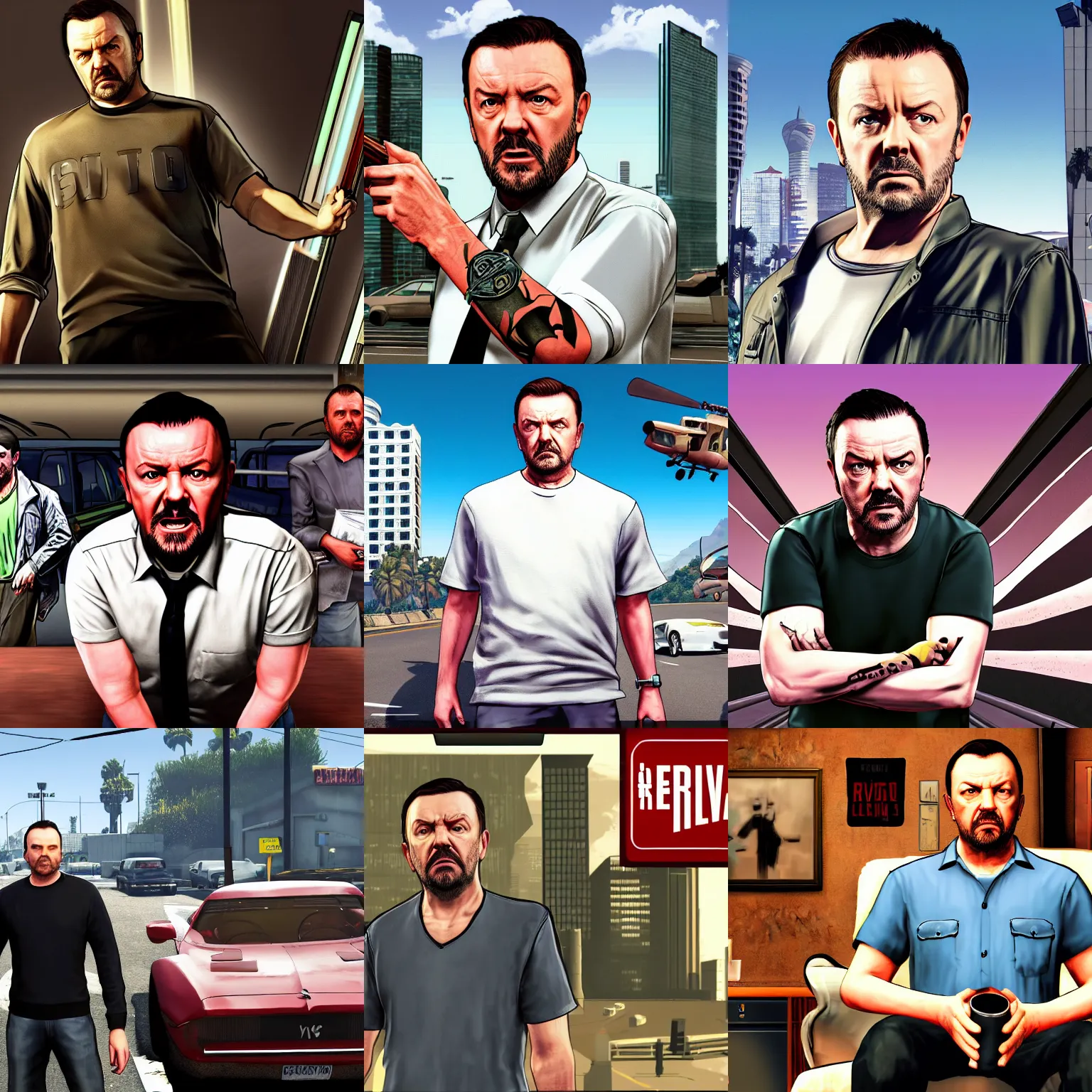 Prompt: ricky gervais gta v loading screen art,