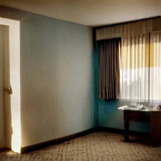 Prompt: a real - estate photograph of a 1 9 7 0's hotel room, [ a creepy shadow - figure stands in the corner ]!!!, shot on a disposable camera, finely detailed, hd, tilt - shifted, hyper - realistic - 4