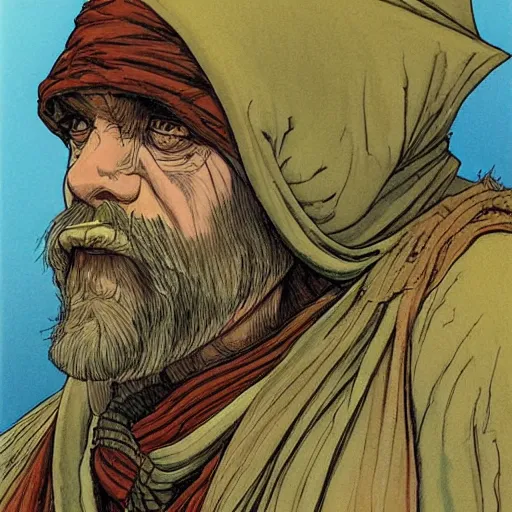 Image similar to Kethlan the elven desert bandit. Robes and turban. Realistic portrait by james gurney and mœbius.