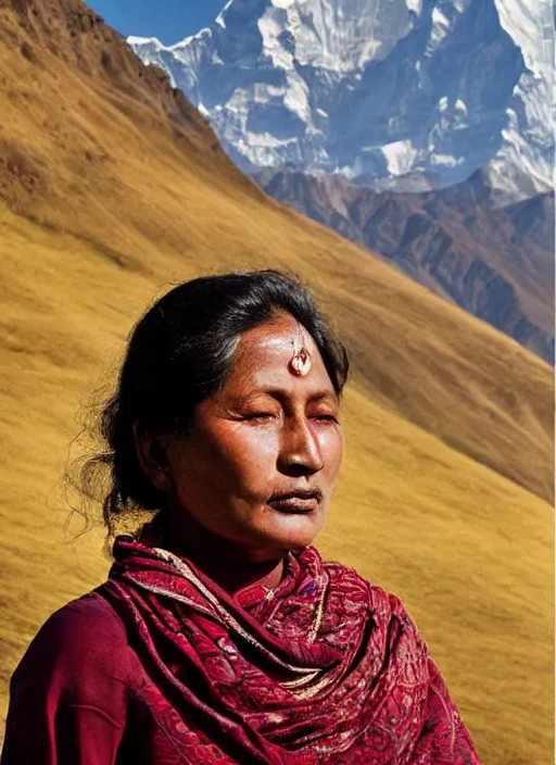 Prompt: hyper realistic and detailed vintage portrait photo of a beautiful 25 year old nepalese woman standing in the sunshine with himalayan peaks behind her by annie leibovitz